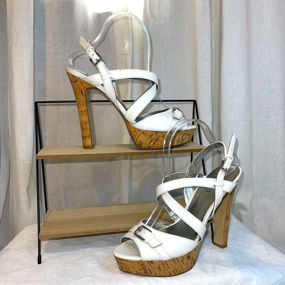GUESS “RYANN” , White Platform Cork Heels